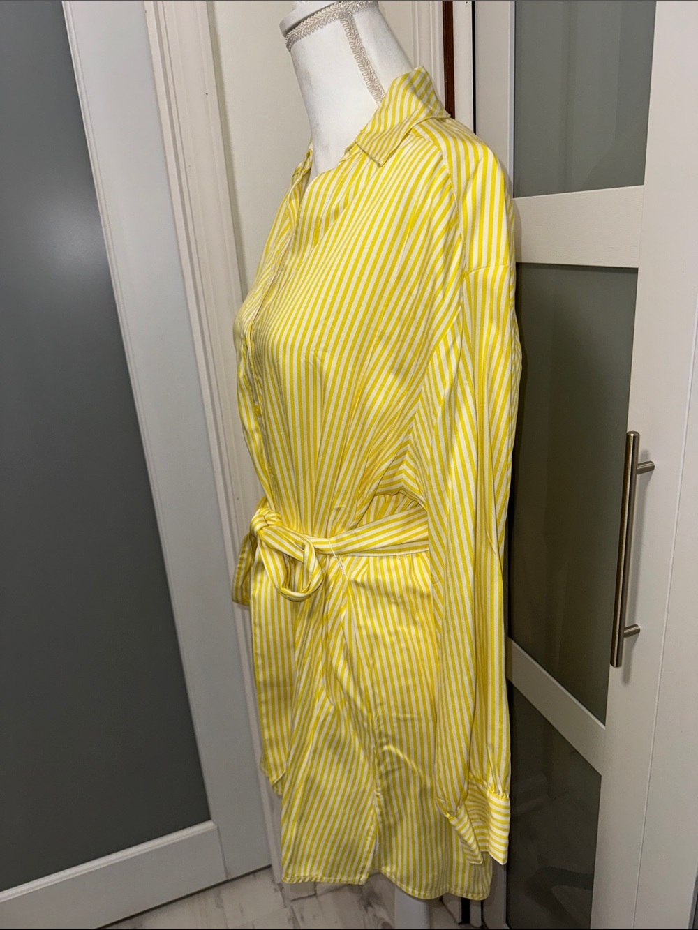 Lane Bryant Yellow Striped Shirt Tunic with Self Tie - Picture 6 of 10